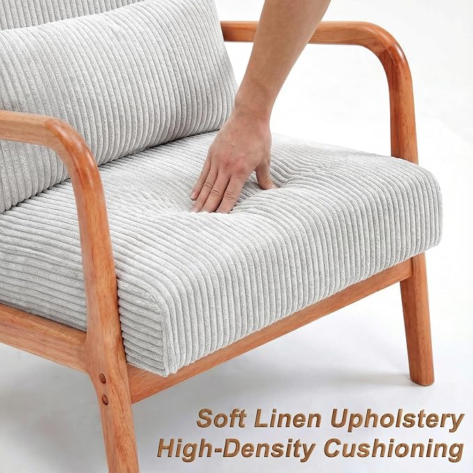 Mid Century Modern Accent Chair with Solid Rubberwood Frame, Comfy Corduroy Reading Armchair with Lumbar Pillow, Compact Lounge Chair for Bedroom, Living Room & Small Spaces, Ivory Cream