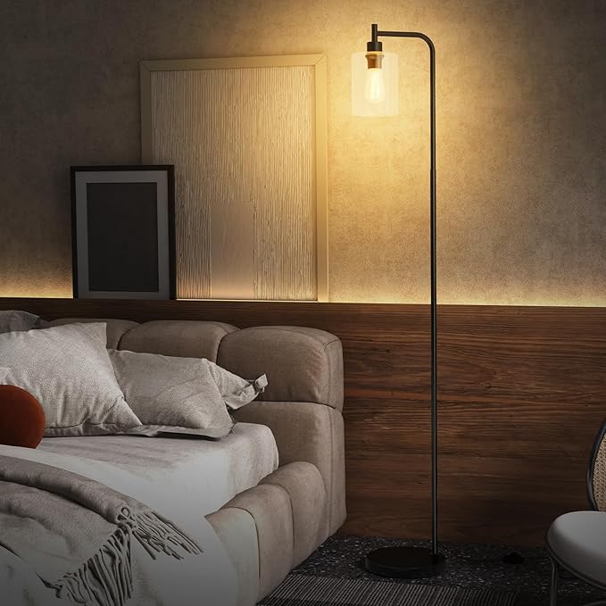 Tangkula Industrial Floor Lamp, Modern Standing Lamp with Hanging Glass Lampshade & Foot Switch, Tall Pole Light with E26 Standard Base for Living Room, Bedroom & Office (Black, 1-Light)
