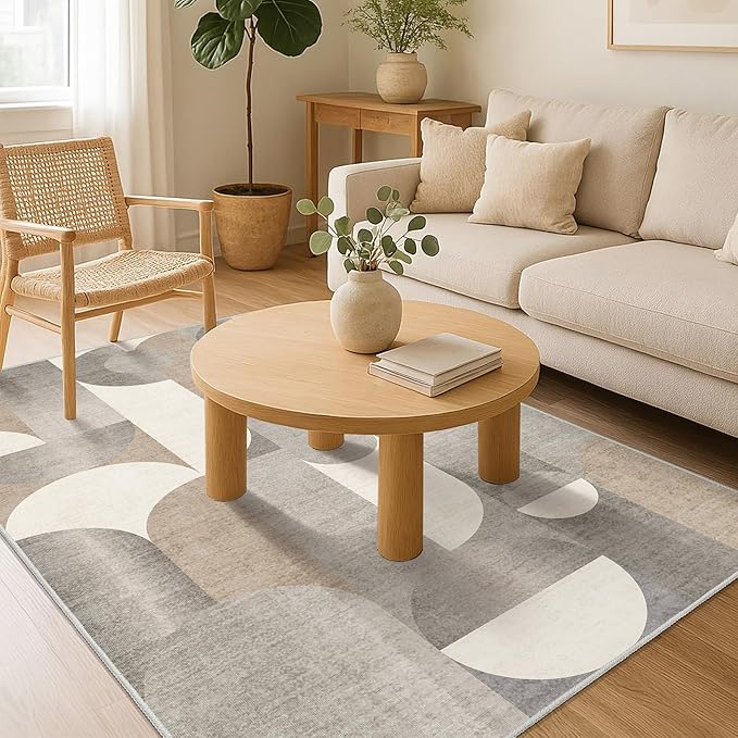 Beige Rug 4x6.5 Washable Area Rugs for Bedroom Living Room Kitchen Entryway Bedside,Small Modern Geometric Non Slip Carpet