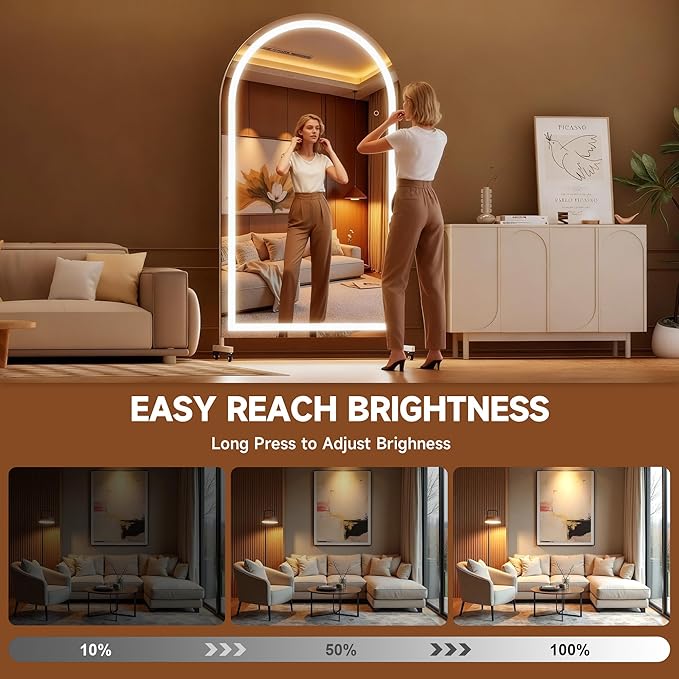 Hasipu 79" x 40" Arched LED Rolling Gym Mirror with Wheels, Dimmable Lighted Body Mirror with 3 Color Temperatures & Adjustable Brightness for Bedroom, Yoga Studio & Home Gym