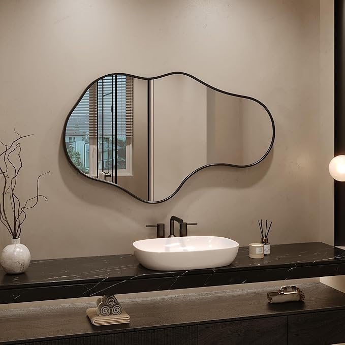 Irregular Wall Mirror - Black Wall Mirrors Decorative 26"x 43" Wavy Asymmetrical Abstract Mirror Aviation Aluminum Alloy Frame Unique for Vanity, Entryway, Bathroom, Bedroom, Living Room, Cloakroom
