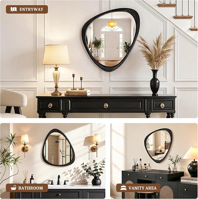 Asymmetrical Mirror, 24"x19" Unique Irregular Wall Mirror, Wood Mid Century Modern Mirror Decor for Bathroom Bedroom Living Room Entryway Hallway (Black)