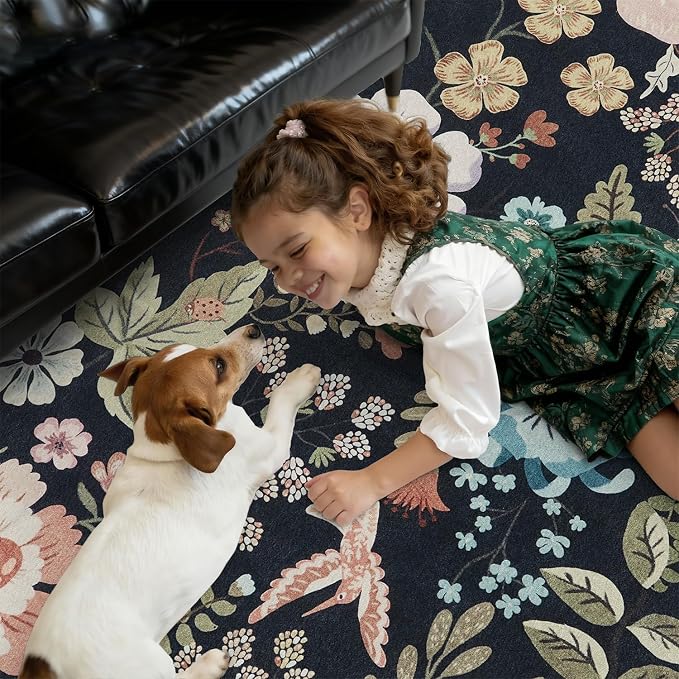 DCX Black Floral Rug 8x10, Washable Black Rug for Living Room, Kid & Pet Friendly with Rubber Back Non Slip, Soft Low Pile Carpet, Stain Resistant Rug for Bedroom, Nursery, Dining Room