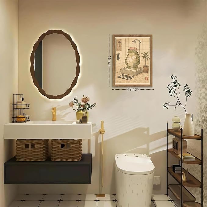 Framed Vintage Frog Bathroom Wall Art, Funny Cute Green Frog in Bubble Bath Canvas Prints, Japanese-Style Retro Cartoon Animal Artwork, Whimsical Wall Decor for Dorm Apartment Toilet 12x16in