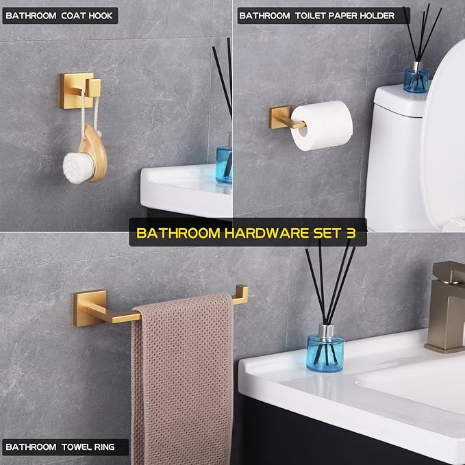 GERZWY Bathroom 3-Piece Hardware Set Gold Stainless Steel - Coat Hook Toilet Paper Holder Towel Ring IG18567-3BE