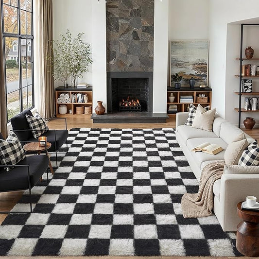 Checkered Rug 7x10 for Living Room, Black and White Modern Shag Rug Washable Non-Slip Large Area Rug Super Soft Indoor Fuzzy Carpet Fluffy Rugs for Bedroom Home Aesthetic Decor