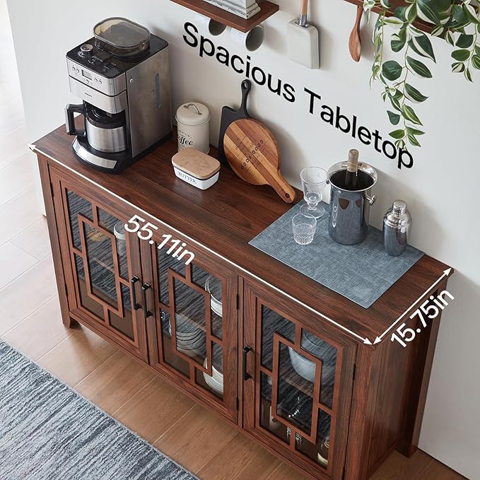 Large Sideboard Buffet Cabinet with Storage, 55" Farmhouse Kitchen Coffee Wine Bar Cabinet with 3 Glass Doors, Wood Mid Century Modern Side Board Table for Dining Room, Living Room,Brown