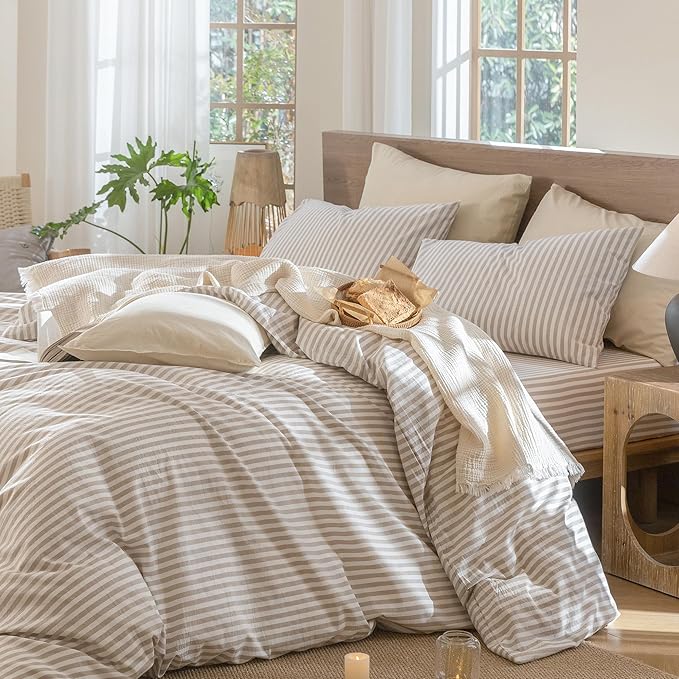MooMee Striped Duvet Cover Set 100% Washed Cotton Linen Like Textured Breathable Durable Soft Comfy (Tannish Linen Grey White Classic Stripes, Super Queen 90"x98")