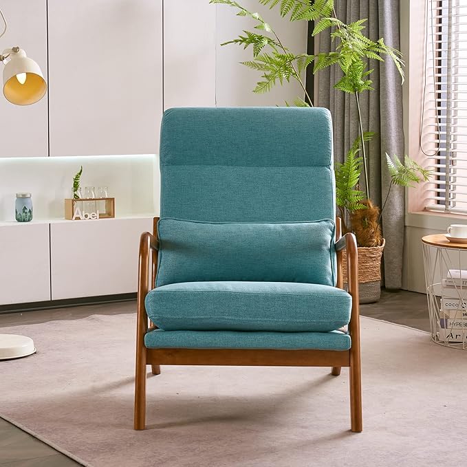 Karl home Accent Chair Mid-Century Modern Chair with Pillow High Back Linen Fabric Upholstered Lounge Arm Chair with Solid Wood Frame & Soft Cushion for Living Room, Bedroom, Balcony, Teal