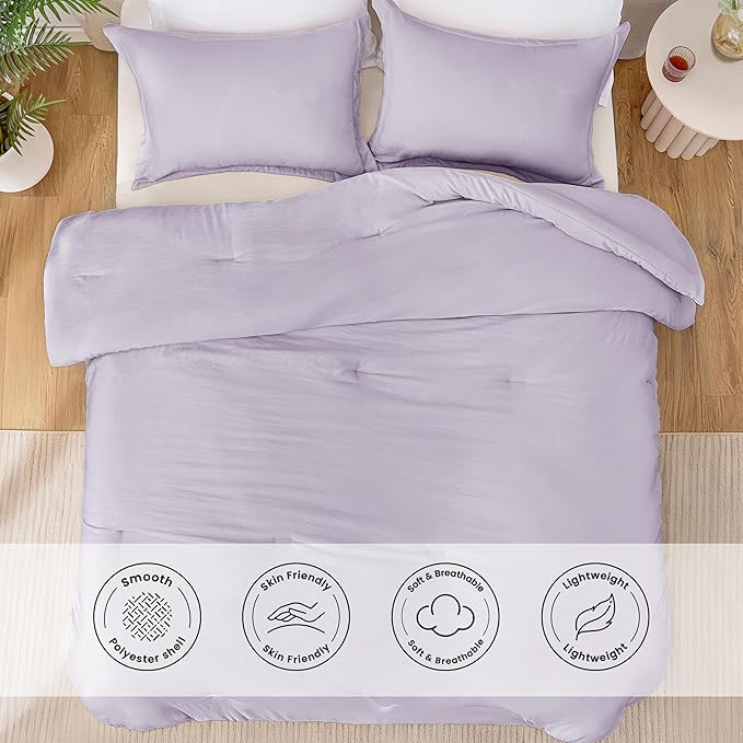 Love's cabin Lavender Queen Comforter Set, 3-Piece Prewashed Bed Set with 1 Comforter (90 x 90 in) & 2 Pillowcases, Lightweight & Breathable for All Seasons