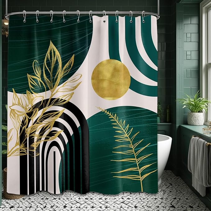 Dark Green Shower Curtain Boho Mid Century Modern Emerald Hunter Green and Gold Shower Curtains for Bathroom Decor, Waterproof Cloth Fabric with Hooks, 60" W x 72" L
