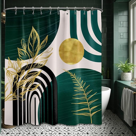Dark Green Shower Curtain Boho Mid Century Modern Emerald Hunter Green and Gold Shower Curtains for Bathroom Decor, Waterproof Cloth Fabric with Hooks, 60" W x 72" L
