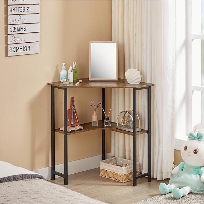 VECELO Small Corner Computer Desk 33 x 23 inches with Storage Shelves for Small Spaces,Triangular Shape,Brown