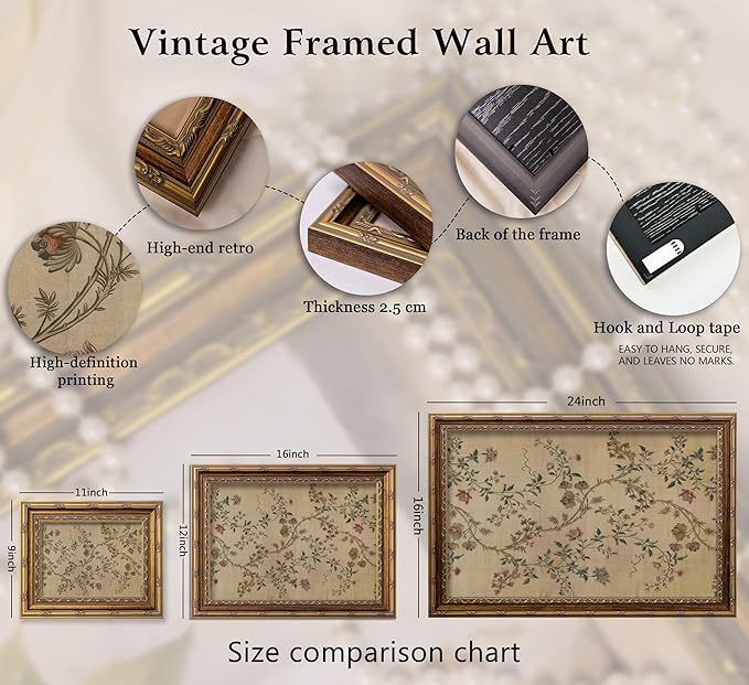 Vintage gold framed Floral Vine wall art Retro Beige Botanical Painting Canvas Prints Elegant Antique Flower French Leaf Wall Decor for Farmhouse Bedroom Living Room Home Decration 12x16in