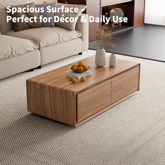 Luxury Walnut Wood Square Coffee Table with Large Hidden Storage, Expandable Tabletop Center Table for Living Room, Modern Accent Table with Drawers (Walnut Coffee Table)