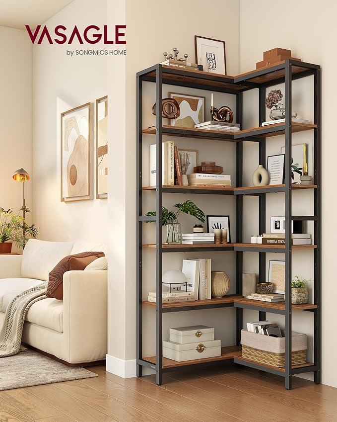 VASAGLE 6 Tier Bookshelf with Metal Frame, Convertible Industrial Corner Shelf, 9.4 x 40.2 x 69 Inches, for Living Room, Bedroom, Home Office, Rustic Brown and Ink Black ULLS606K01