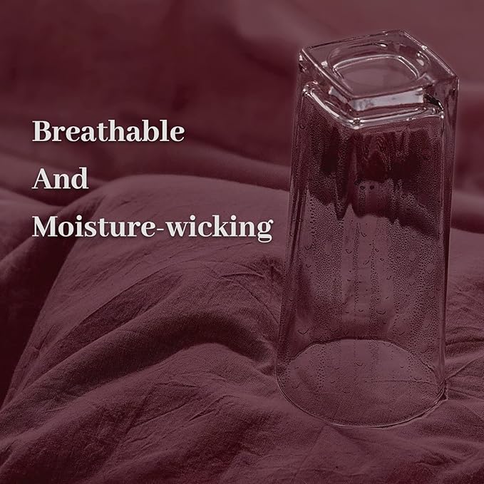 NEXHOME PRO Duvet Cover Set 100% Washed Cotton California Kingn 104"x98", Organic Natural Linen Look Textured 3 Pieces Bedding Set Burgundy Dark Red with Zipper Closure, Breathable (No Comforter)