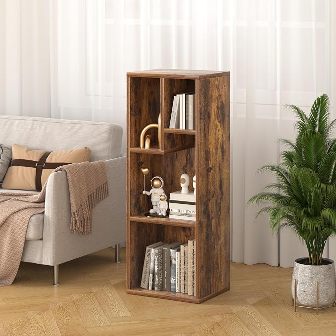 VECELO 3-Tier 4-Cube Bookshelf with Height Difference Shelves, 66 LBS Per Shelf Heavy Duty Bookcase, Modern Floor Standing Storage Unit for Living Room Bedroom, Rustic Brown