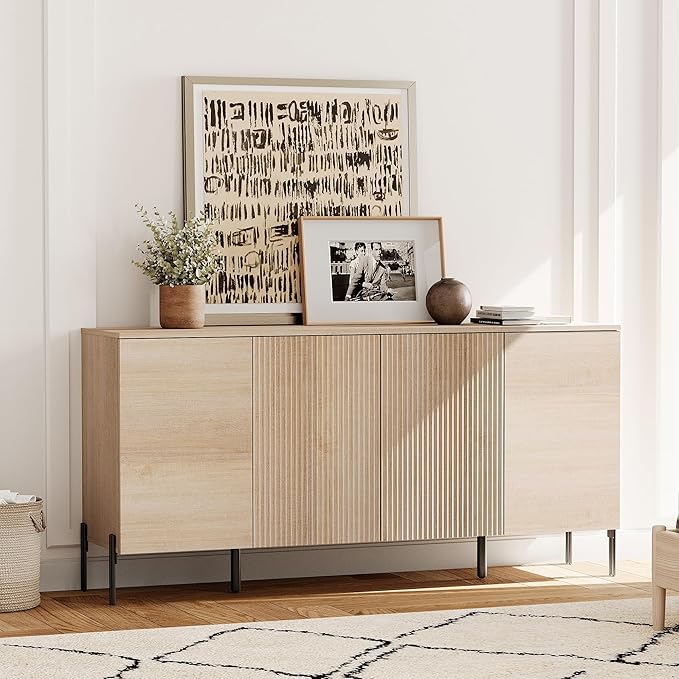 WAMPAT 61.5" Large Sideboard Cabinet with Storages,Fluted Buffet Cabinet with Storage,Modern Buffet Table Coffee Bar Wine Bar Storage Organizer with 4 Doors for Kitchen, Dining Room, Hallway, Beige