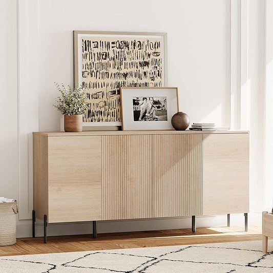 WAMPAT 61.5" Large Sideboard Cabinet with Storages,Fluted Buffet Cabinet with Storage,Modern Buffet Table Coffee Bar Wine Bar Storage Organizer with 4 Doors for Kitchen, Dining Room, Hallway, Beige
