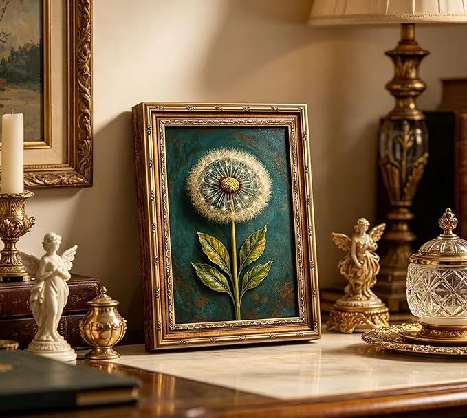Vintage Gold Framed Dandelion Canvas Wall Art, Teal Background Botanical Oil Painting Print, Retro Moody Botanical Picture Poster， Country Farmhouse Wall Decor，for Home Living Room Bedroom，9x11in