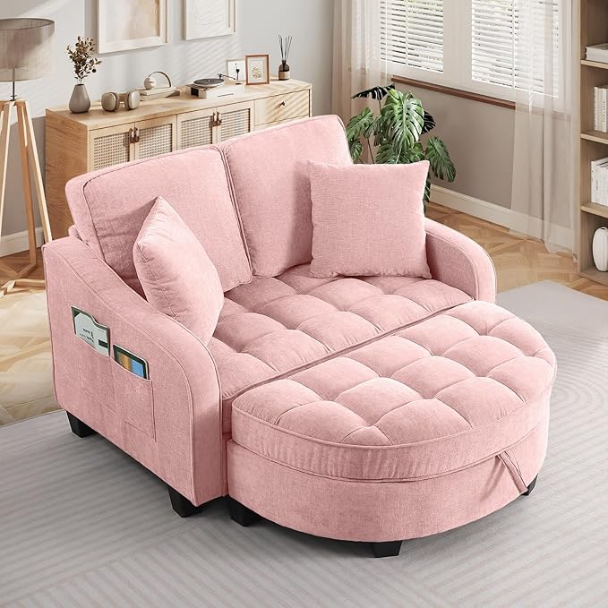 Oversized Chaise Lounge Chair Indoor with Ottoman, Chenille Tufted Comfy Loveseat Sofa Chair with Adjustable Backrest, Fluffy Recliner Sofa, Convertible Sleeper Couch Bed for Living Room(51"W, Pink)
