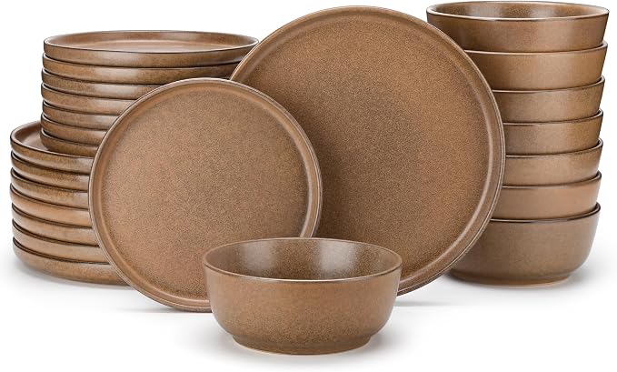 vancasso Plates and Bowls Sets, 24 Pieces Stoneware Dinnerware Set for 8, Ceramic Dish Set for Kitchen, Microwave and Dishwasher Safe, Muted Brown, Series ZERMATT