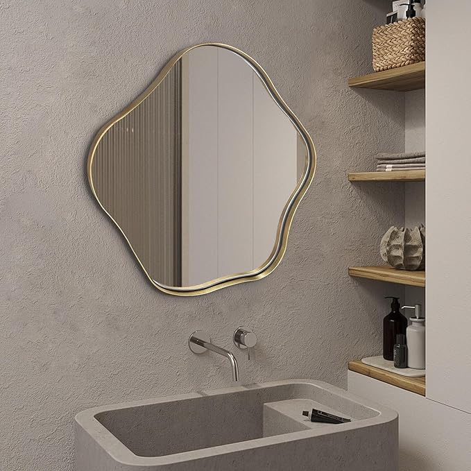 Irregular Shaped Mirror, 20" Gold Asymmetrical Mirror for Wall, Wavy Round Mirrors Decorative, Modern Scalloped Mirrors for Living Room Bathroom Bedroom Hallway Entryway Fireplace