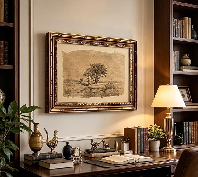 Vintage Gold Framed Sepia Country Landscape Sketch Wall Art, Rustic Tree Grove Canvas Prints, Antique Rural Path Drawing Poster Artwork for Modern Farmhouse Living Room Office Wall Decor，16x24in