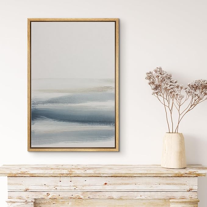 MUDECOR Framed Canvas Print Wall Art Minimalist Neutral Abstract Landscape Soft Blue Beige Illustrations Minimalism Decorative Bohemian Colorful Zen for Living Room, Bedroom, Office - 24"x36" NATURAL