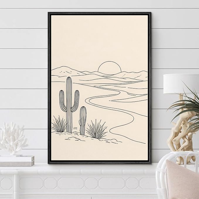 Woodrose Framed Canvas Print Wall Art Minimalist Desert Landscape Line Illustrations Modern Art Minimalist 3D Colorful Ultra for Living Room, Bedroom, Office - 24"x36" BLACK