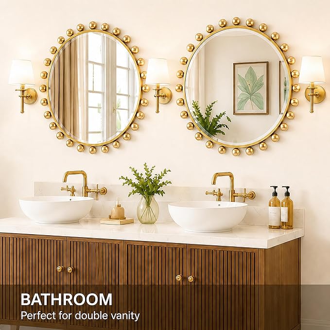 30 Inch Round Wall Mirror with Antique Gold Ball Frame, Beveled Decorative Round Accent Mirror, Vintage Gold Sunburst Style Mirror for Bedroom, Living Room, Entryway, Hallway & Wall Decor