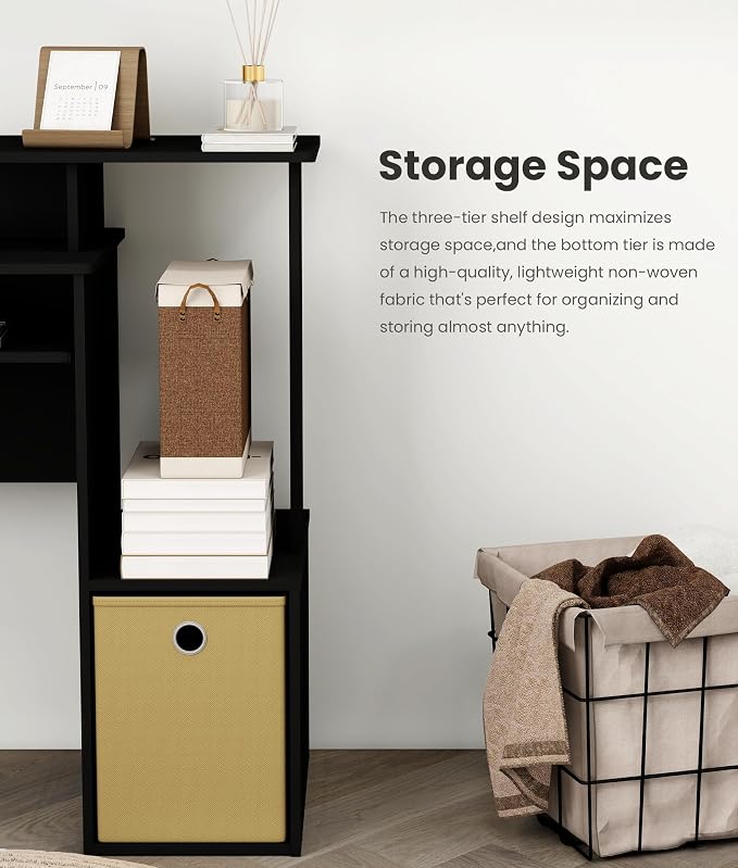 Small Computer Writing Desk with Drawers, Home Office Desk with Storage Shelves for Home Office Bedroom, Black/Brown