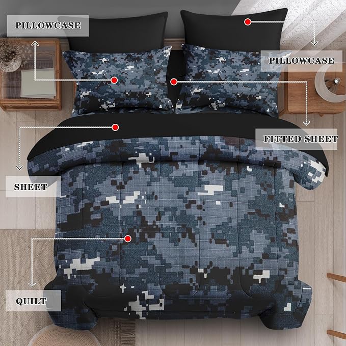 7Pcs Comforter Set Full Size, Digital Navy Blue Camouflage Camo, Bedding Decor Army Military Brown Gray Seal Us Bedroom Bed Set Flat Sheet Fitted Sheet Pillowcases Shams for Kids Adults