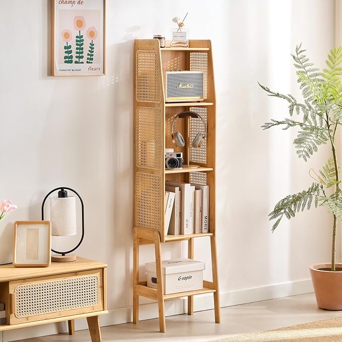 Welnow Bamboo Rattan Bookcase with Cabinet, 3-Tier Storage Shelf with Side Table & End Table Function, Large Modern Wood Organizer for Living Room or Bedroom, Natural Bookshelf
