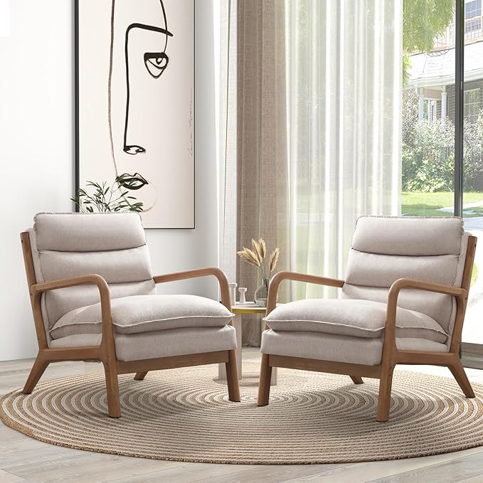 Mid Century Modern Accent Chair, Upholstered Lounge Armchair with Plump Back Pillow, Comfy Reading Chair with Solid Wood Frame for Bedroom Living Room Set of 2, Beige