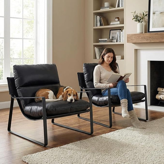 LukeAlon Modern PU Leather Accent Armchairs Set of 2, Upholstered Living Room Chairs with Metal Base Removable Thickened Cushion Sofa Chairs Comfy Lounge Chair for Bedroom Living Room Office, Black