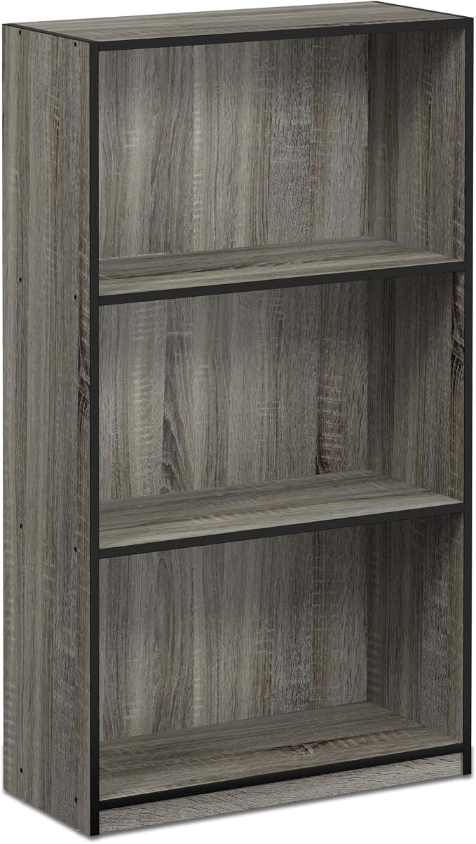 Furinno BASIC Book Shelf, 3-Tier Modern Bookshelf, Bookcase with Open Shelves, 9.3 x 21.8 x 39.5, for Living Room, Bedroom, Home Office, French Oak/Black