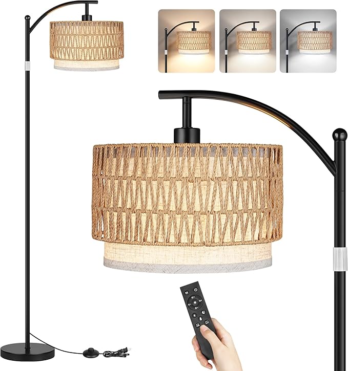 ROTTOGOON Arc Floor Lamps for Living Room, Boho Farmhouse Floor Lamp with Remote & Dimmable Bulb, Standing Lamp with Rattan & Fabric Shades, Adjustable Tall Lamp for Bedroom Office-Black