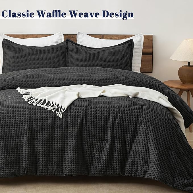PHF Ultra Soft Waffle Weave Comforter Set Twin Size, 2 Pieces Lightweight Breathable Comfy Bedding Set, Comfy Textured 1 Comforter with 1 Pillow Shams, Black