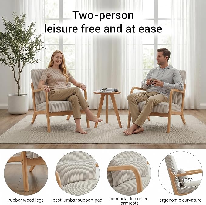 Mid Century Modern Accent Chairs Set of 2, Upholstered Corduroy Armchairs with Lumbar Pillows, Solid Rubberwood Frame for Living Room, Bedroom, Waiting Room, Beige