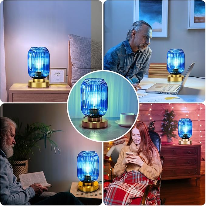 Mid Century Modern Table Lamp with Blue Ribbed Glass Shade, Touch Control & 3 Way Dimmable, Small Gold, Vintage Bedside Lamp for Bedroom, Living Room, Office (Bulb Included)