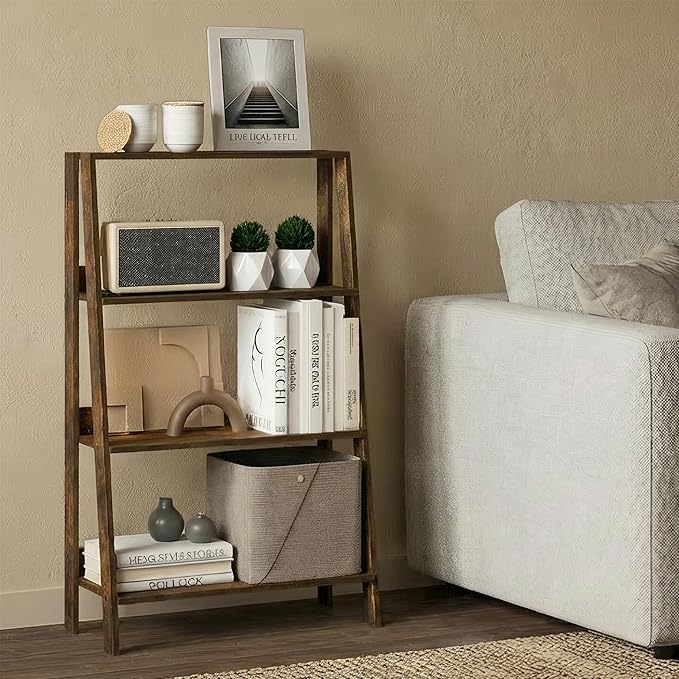 Furinno Ladder Shelf, 4-Tier Ladder Book Shelf, Open Frame Design Bookcase, Standing Display Storage Shelves, Storage Rack, for Organization and Storage, Living Room, Home Office, Amber Pine