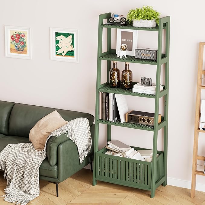 Bamjoy Bamboo Ladder Bookcase, Bookshelf with 4 Display Shelves and 1 Open Storage Basket, Storage Rack Organizer for Home Office, 66” H Forest Green