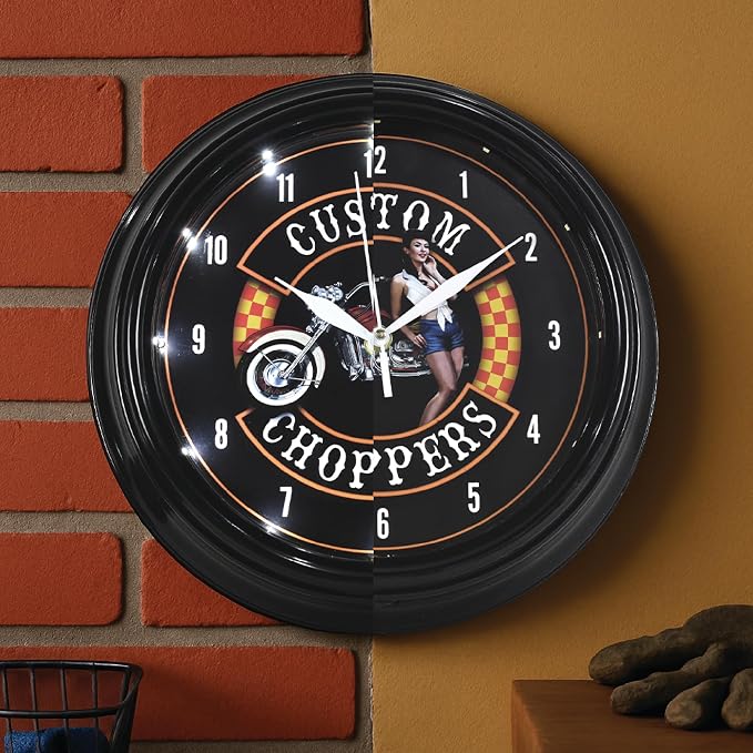 American Art Decor Custom Choppers LED Clock - 12" Wall Mounted Modern Motorcycle Wall Decor - Wall Clock for Living Room, Dorm, Mancave, Garage, Office, Game Room (Black/Orange/Red)