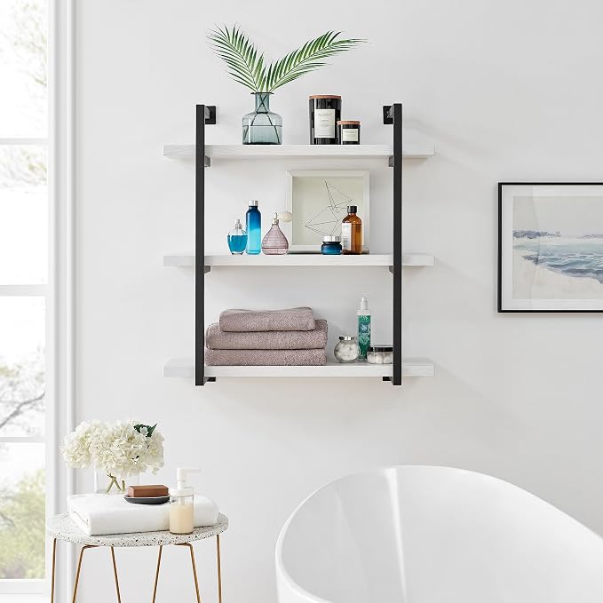 Danya B. Modern 3-Tier Hanging Bracket Wall Shelves in Black Metal and White Birch Finish