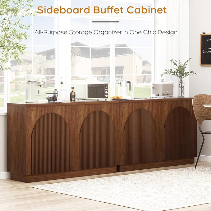 Yechen Walnut Fluted Sideboard Buffet Cabinet with Arched Reeded Design Doors, Mid Century Modern Credenza Storage Cabinet with 2 Adjustable Shelves Inside, for Living Room Kitchen Dinning(2PCS)