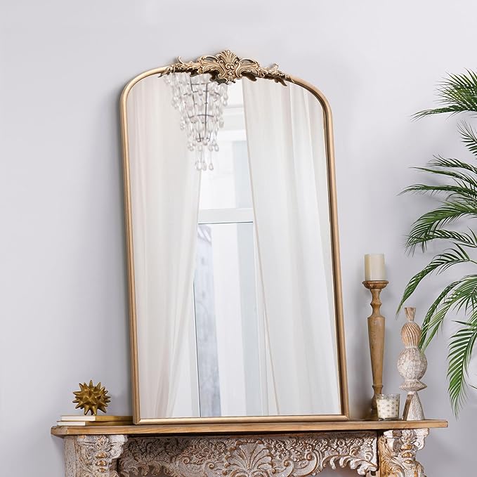 Besdomus Vintage Gold Wall Mirror: 24"x42" Large Arch Champagne Gold Antique Wall Mounted Mirror - Traditional Ornate Home Decor for Entryway/Fireplace/Bathroom - Baroque Idea for Housewife