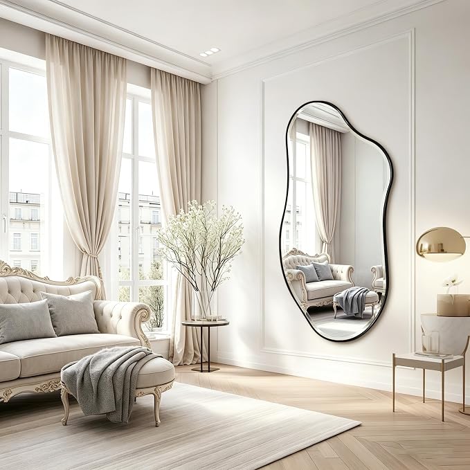 POZINO Large Irregular Beveled Mirror, 63"x31.5" Organic Full Length Mirror with Black Metal Frame, Asymmetrical Wall Mirrors for Entryway Hallway Cloakroom Living Room, Horizontal/Vertical Hanging