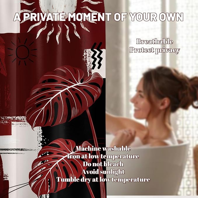 Black and Red Mid Century Modern Shower Curtain Bohemian Abstract Burgundy Shower Curtains for Bathroom Decor Sets, Waterproof Cloth Fabric with Hooks, 70x72 Inch